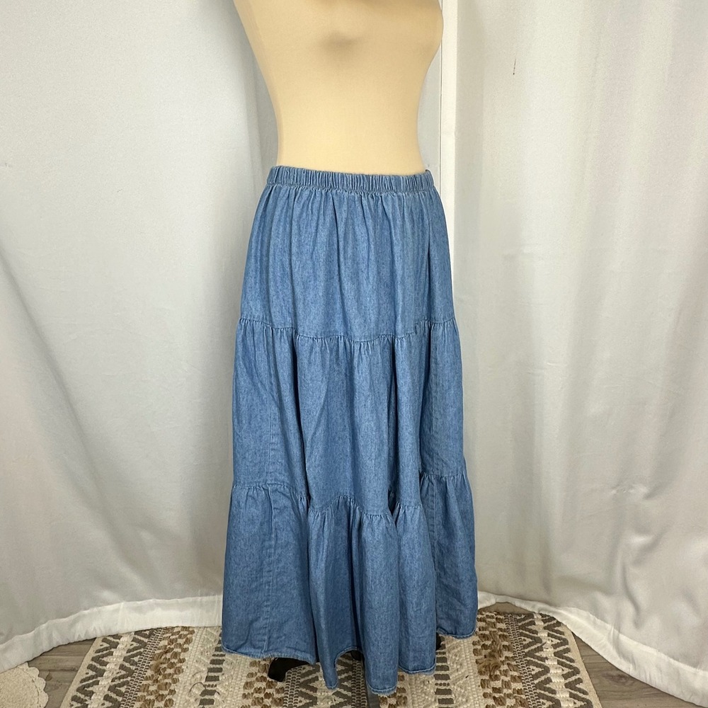 Vintage Blues Tiered Denim Maxi Skirt Elastic Waist Sz M/L Western Prairie READ - Picture 2 of 8